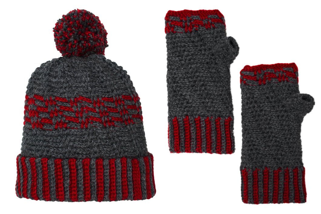 SET COLUMBUS GORRO Y MITON GRIS Y ROJO  - GiBlack Knits