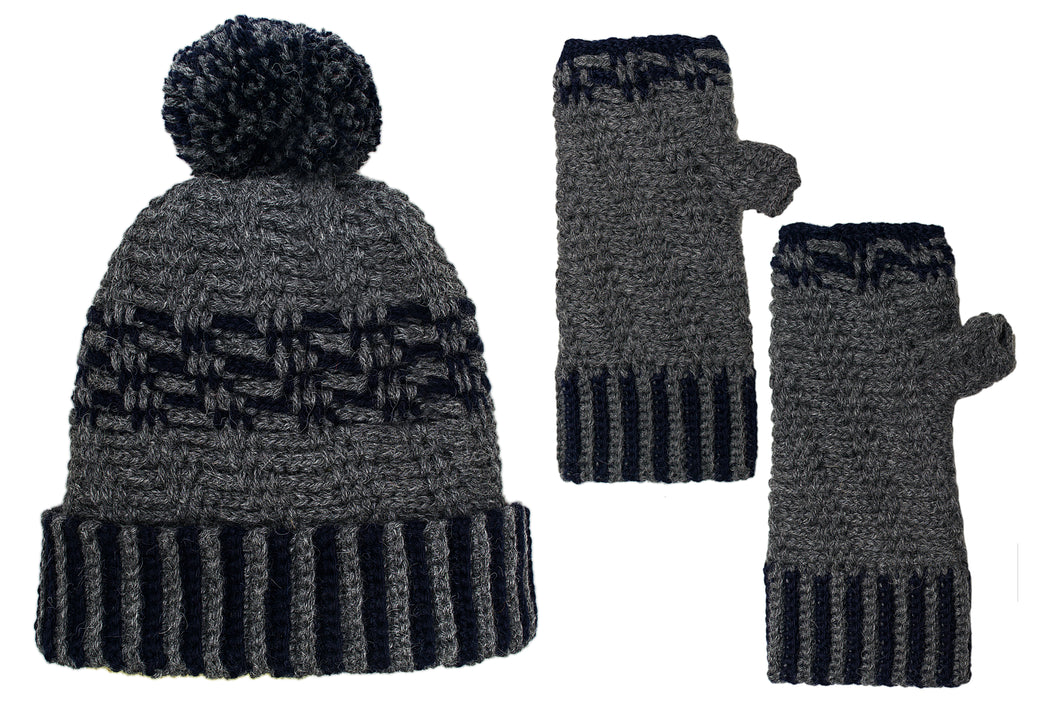SET COLUMBUS GORRO Y MITON GRIS Y AZUL  - GiBlack Knits